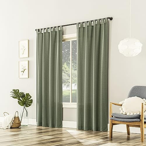 No. 918 Trevor 2-Pack Heathered Linen Texture Semi-Sheer Tab Top Curtain Panel Pair, 40 x 63, Moss Green