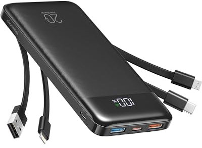 Charmast Batterie Externe 20000mAh, 20W Power Bank Charge Rapide avec câbles intégrés, 5 Sorties et 4 Entrées Batterie Portable pour Smartphones, Tablettes et