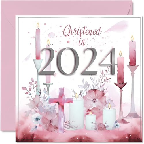 Stuff4 Tarjetas de bautizo para niñas, bautizadas en 2024, tarjeta de felicitación de bautizo, regalos de bautizo de primera comunión para niñas, regalos cristianos de 145 mm x 145 mm, tarjetas de