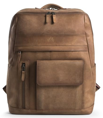 Brown Leather Backpack for Men & Women - Large Capacity Laptop Travel Backpack with 15 Sleeve - Vintage Travel Bag with Adjustable Straps, Multiple Pockets & Trolley Sleeve - 13.4 x 5.9 x 15.7 in