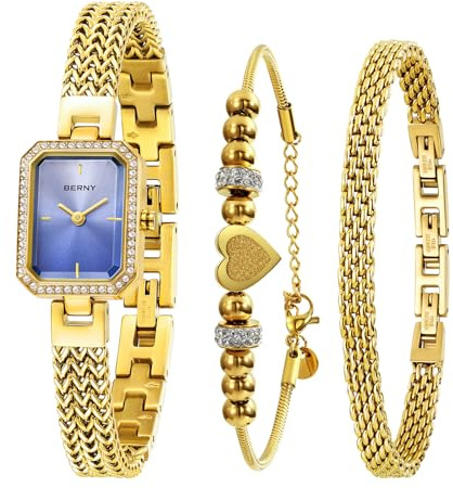 BERNY Guldklocka för kvinnor Petite Armband Klockor Diamond Accented Case 3ATM Vattentät Ladies'Minimalist Klockor och Armband Set
