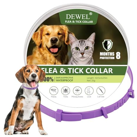 DEWEL Collar Antiparasitarios para Perros Grandes Medianos y Pequeño, Collar contra Pulgas y Garrapatas para Mascotas 6-8 Meses, Collar Antipulgas Impermeable y Cortable de 61 cm (Morado)