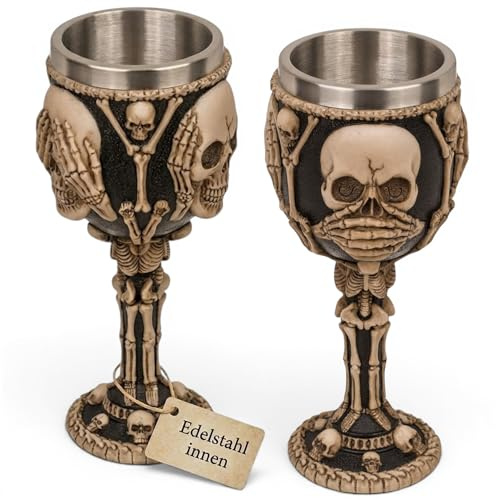 MIJOMA Bicchiere da vino 3D con teschio in pietra artificiale e acciaio inossidabile, brocca vichinga medievale, capacità 300 ml (non vedere, non sentire, non parlare)