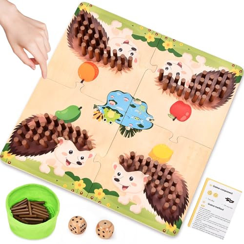 JONRRYIN Igel Spielzeug Holz Würfelspiel, Brettspiel Holz Montessori Spielzeug mit Würfeln, Mathe Feinmotorik Spiel Zählspielzeug Igel Familienspiele Lernspielzeug Geschenk für Kinder ab 3 4 5 6 Jahre