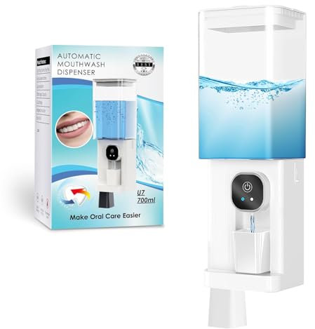 Roadtime Automatischer Mundspülspender für Badezimmer, 700ml Automatisk Mundvasker Dispensermit 2 magnetischen wiederverwendbaren Bechern, Wand Mundwasserspender für Toilette,2 Gears Adjustable