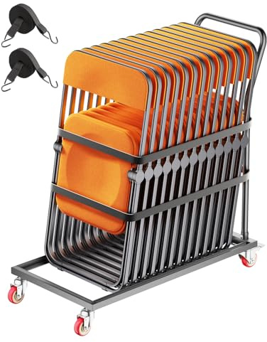 VEVOR Porta Sedie Pieghevole in Metallo con Capacità 136 kg, Posizionamento Verticale per 25 Sedie, Ruote in Gomma, Nero Opaco