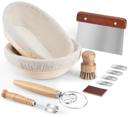 REMEIT Gärkorb Set, Gärkörbchen. 23cm Rund & 25cm Oval Gärkörb Brot aus Natürlichem Rattan zum Brot backen, inkl. Schneebesen, Teigschaber, Bäckermesser, Reinigungsbürste & Leineneinlagen