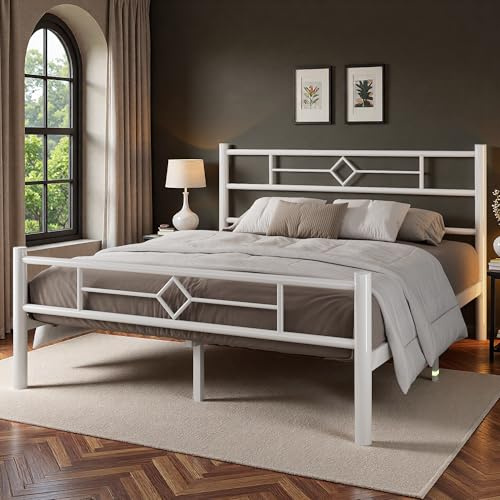 GalnFu Double Bed Frame, Metal Bed Frame Double Beds with Headboard and Footboard, Heavy Duty Metal Slat Support, Underbed Storage Space, Easy Assembly, Noise Free, White