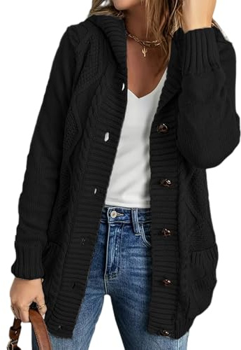 FUPODD Strickjacke Damen Mit Kapuze Knöpfen Strickjacken Winter Warm Grobstrick Cardigan Damen Lang Zopfmuster Elegant Strickmantel Große Größen Pullover Dicke Oversize Damenstrickjacke Mit Taschen
