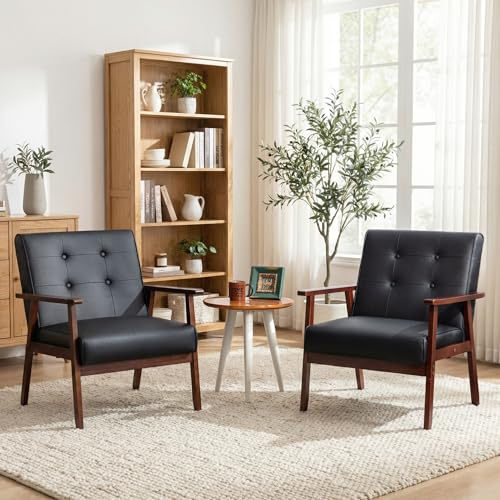 STHOUYN Accent Chairs Set of 2, Leather Chair with Wood Frame, Upholstered Tufted Comfy Reading Arm Chair, Mid-Century Modern Living Room Chair, Side Chairs for Living Room, Waiting Room, Office (2)
