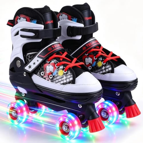 4 Sizes Adjustable Kids Roller Skates for Girls Boys Indoor Outdoor Sports | 4‑Wheel Quad Skates, All Light Up Wheels, Birthday Gifts for Toddlers Teens Youth Adults