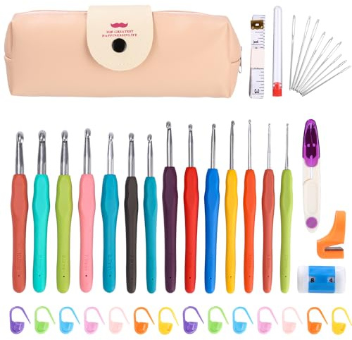 Ezyvix Juego de 37 agujas de ganchillo, 14 unidades de 2,0 mm - 10,0 mm, ganchillo, juego de agujas de ganchillo ergonómicas para principiantes, juego de crochet con bolsa portátil
