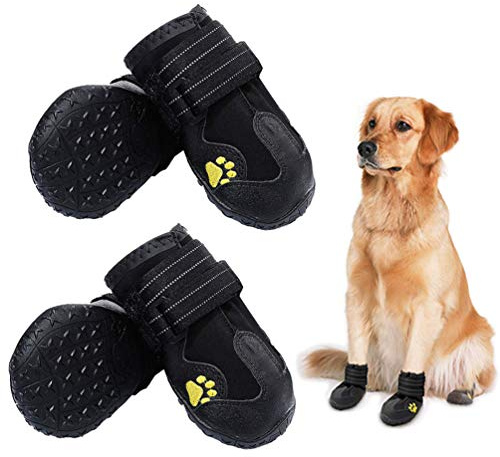 PK.ZTopia Waterproof Dog Boots, Dog Outdoor Shoes for Medium to Large Dogs with Two Reflective Fastening Straps and Rugged Anti-Slip Sole (2.95 x 2.52,Black 4PCS).