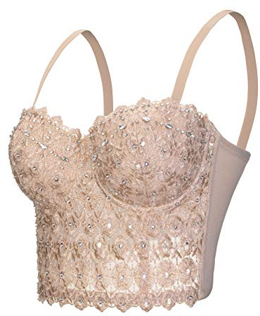 Woboren Mujer Corsé Bustier de Overbust Sujetador corsé de lentejuelas (Beige, L)