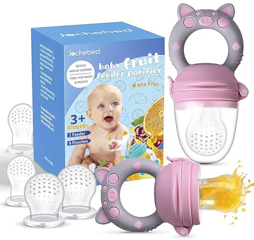 Baby Fruit Food Feeder Pacifier - Fresh Teething Pacifiers, Infant Fruit Teething Teether Toy for 3-24 Months, 6 Pcs Silicone Pouches for Toddlers & Kids & Babies, Piggy Handle 2-Pack (Pink & Gray)