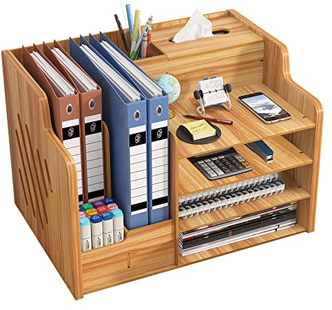 Hggzeg Organiseur de bureau en bois de grande capacité - Boîte de rangement pour fournitures de bureau - Boîte de rangement pour papiers A4, livres, documents et cahiers (JB07 - Bois de cerisier)