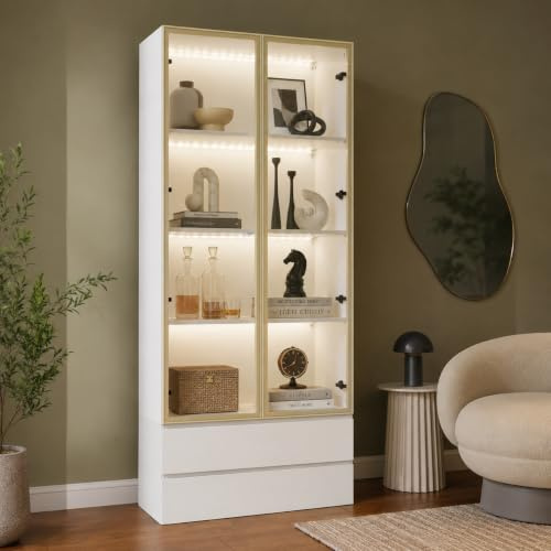 PREMTURE Vitrine Blanche 80cm avec Éclairage LED – Armoire 2 Portes Push-to-Open, Verre Trempé & 4 Étagères, 160cm de Haut – Cave à Vin pour Salon, 80×160×40cm