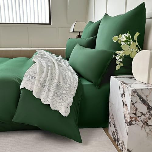 Amolavet 200x200cm 3-Piece Dark Green Brushed Microfibre Winter Bed Linen Set - Duvet Cover + 2 Pillowcases with Zip for Double Bed