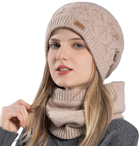 WANYI Damen Mütze Winter Beanie Slouchy Wintermütze Strickmütze Warme Mützen Schal Set mit Weichem Innenfutter für Herbst Winter Frühjahr (Rosa)
