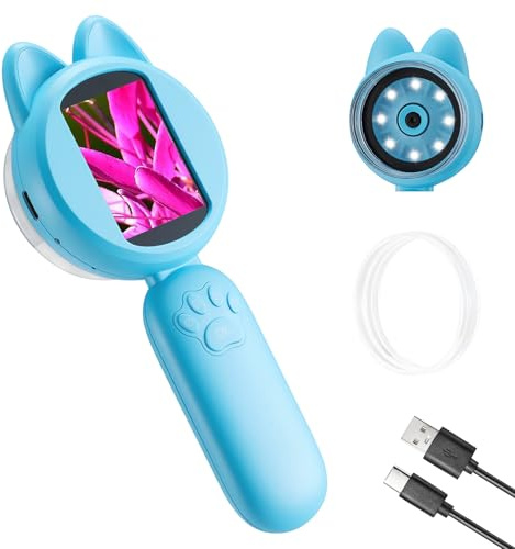 Kids Microscope, 30X Handheld Pocket Microscope for Kids with 2'' Screen& Light, Mini Digital Magnifying Glass for Educational Science and Hobby, Like Bug & Trichome, Store up to 300 Photos-Blue