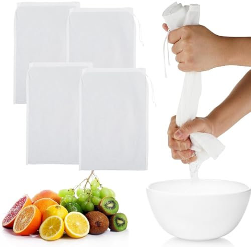 LQIOACU 4 pezzi garza alimentare, sacchetti per latte di noci, riutilizzabili, lavabili, sacchetti filtranti con coulisse, per formaggio, succo di frutta, caffè, succo di verdura (20 × 30 cm)