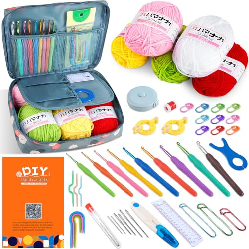 iuqiepo Crochet Kit, Crochet Kits for Beginners Adults, 5 Colors of Yarn, Beginners Crochet Kit, 9 Sizes of Metal Crochet Hooks (2.0mm-6.0mm) Crochet Starter Kit
