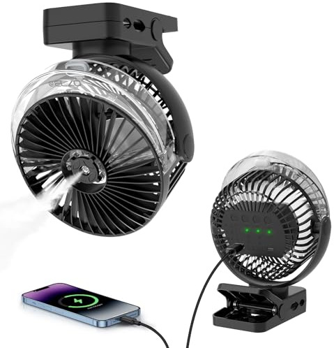 ELZO 12000mAh Clip on Fan, USB Desk Fan Rechargeable with Spray function