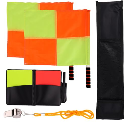 Goktvai 5pcs Kit Arbitre Football, Inclut 2pcs Drapeaux Ligne de Touche À Carreaux avec Sac Rangement 1 Sifflet Entraîneur Acier Inoxydable 1 Cartons Avertissement Jaune Rouge