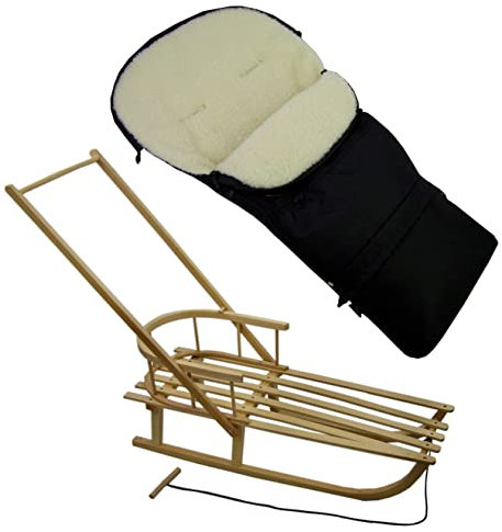 Rawstyle *KOMBIPAKET* SCHIEBESCHLITTEN mit Rückenlehne incl. Zugleine + WINTERFUSSSACK 3 in 1 aus Lammwolle für Kinderwagen - Lehne - Kinderschlitten - Schlitten aus Holz NEU (Schwarz)