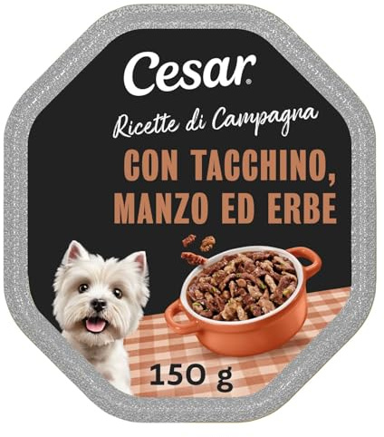 Cesar Ricette di Campagna Cibo per Cane con tenero Tacchino, Manzo ed Erbe 150 g - 14 Vaschette