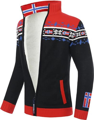 Nebulus Giacca da uomo in maglia Canadian, calda giacca a maglia con colletto alto, maglione con chiusura lampo, look norvegese, nero - rosso, L