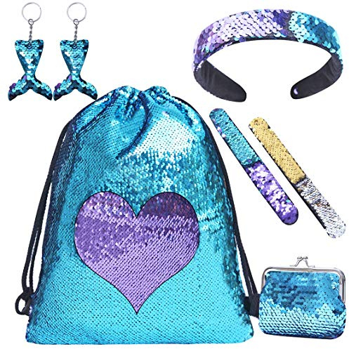 Zainetto Paillettes Reversibili Bambina, Borsa Zaino Bimba con Paillettes Sacca Borsetta Ragazza con Bracciali, Borse, Portachiavi e Fascia Zainetti Regalo Bambina 7 8 9 10 Anni