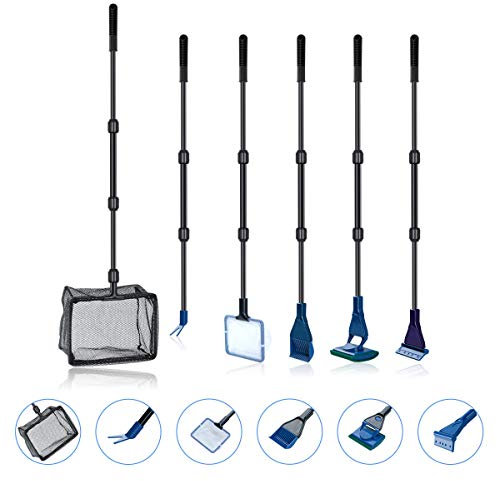 TOWEAR Aquarium-Reinigungsset, 6-in-1-Aquarium-Reinigungsset mit Fischnetz, Löffelnetz, Kiesrechen, Pflanzengabel, Schaber, Schwamm, Anschluss
