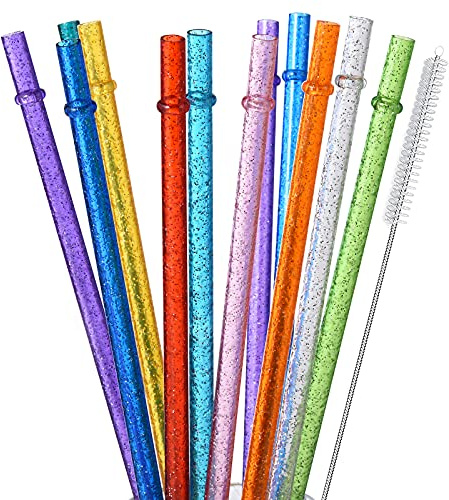 ALINK 12-Pack Reusable Plastic Glitter Straws, 11 Long Colorful Hard Plastic Tumbler Straws for 16 OZ 20 OZ 30 OZ Stanley, YETI, Mason Jar, Starbucks with Cleaning Brush