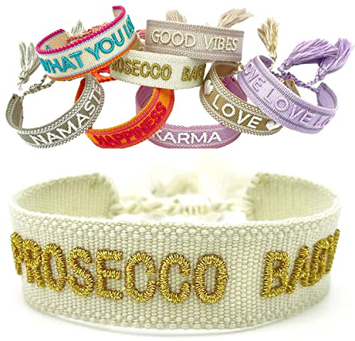 LS-LebenStil Exklusives Statement Armband - das Original - Prosecco Baby Creme Gold 16-20cm Quasten besticktes Boho Canvas Webarmband Damen Freundschaftsarmband Geschenk gewebt textil Stoffarmband