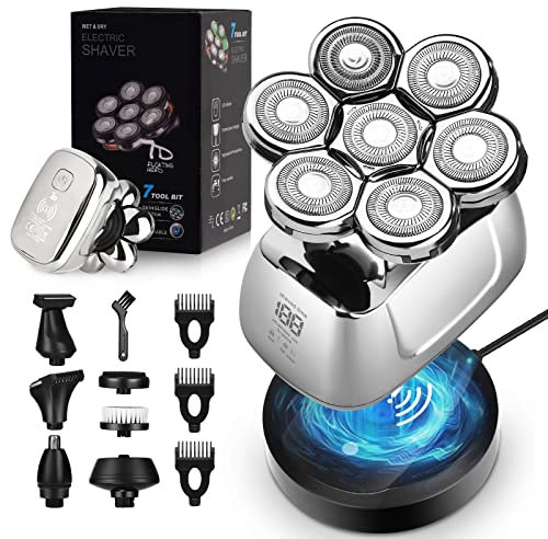 Rasoir à Tête Chauve Homme 7D, Rasoir Electriques Hommes Sans Fil avec Base de Charge Rapide, 6 en 1 Tondeuse à Barbe Rechargeable, Rasoir Electrique Tondeuse Cheveux avec Étanche, Affichage LED