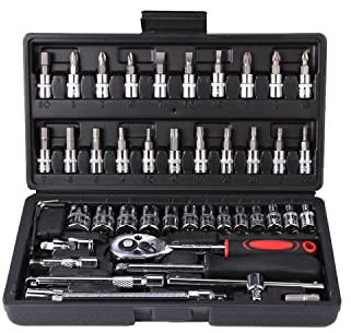 Hniuyun 46 Pieces 1/4 inch Drive Socket Ratchet Tool Set, with Bit Socket Set Metric and Extension Bar for Auto Repairing and Household, with Storage Case