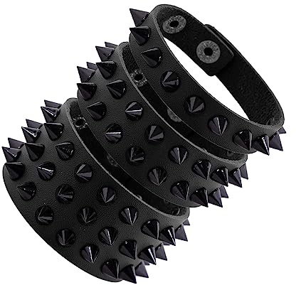 Manfnee 3Pcs Noir Accessoire Rock Punk Bracelet Large Homme Femme Rivet Clou Manchette du Motard Cuir PU Party