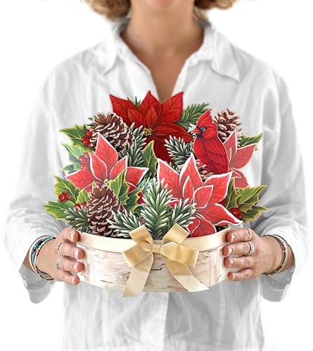 Freshcut Paper Pop Up Christmas Cards, Birch Poinsettia, 10 Inch Life Sized Flower Bouquet 3D Popup Greeting Cards, Christmas Card, Holiday Card, Blank Notecard & Envelope
