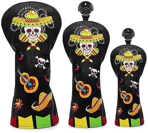 Golfschlägerhauben aus Holz, 3 Schlägerhauben aus Holz, Hybrid, Stickerei, Zuckerschädel-Design, Golfschlägerhauben, Leder, handgefertigt, 3 Stück (DR+FW+UT))
