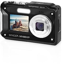 Minolta Waterproof Digital Camera - 48MP Photos, 4K UHD Video, Dual LCD Screens, 16ft Waterproof, 16X Zoom, Anti-Shake, Slow Motion, Compact Point-and-Shoot for Travel & Underwater (Black)