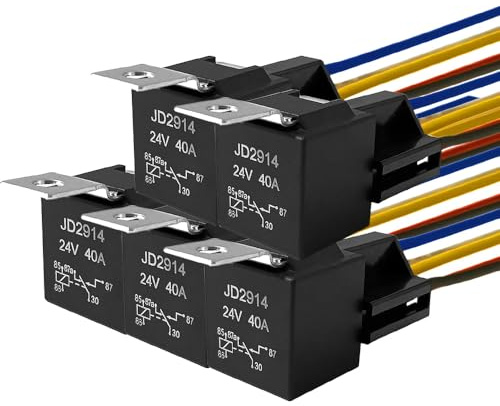QitinDasen 5 Stycken 5-Stifts Bilrelä, 24V 40A SPDT Automotive Relay med Seleuttag och 14/16 AWG Förkopplad, för Bil Lastbil Båt (Svart)