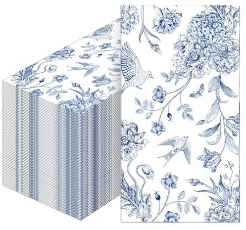 Tatuo 200 Pcs Blue Floral Paper Napkins Disposable Hand Towels for Bathroom Guest Decorative Napkins Paper for Bathroom Shower Toilet Powder Room Holiday Wedding Bridal Tea Party