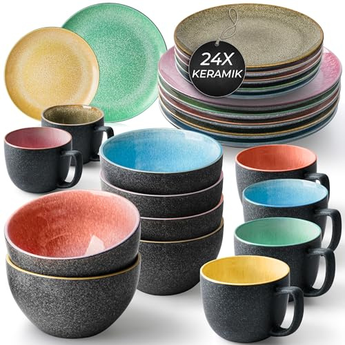 MIAMIO - Dinnerware Set for 6, Ceramic Tableware (24-Piece) - Las Palmitas | Ceramic Dinnerware Set with Plates, Bowls & Mugs, 24-Piece Tableware Set/Modern Dishware for 4 People - dishwasher safe
