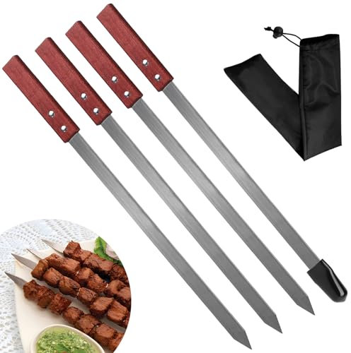 LALAGO 4 Stücke Flache Schaschlikspieße Edelstahl，59,4cm Grillspieße Grill Spieße Extra Lang,Fleischspieße Fleischgabel Metallspieße Grillzubehör für Grillstab, Grillbesteck