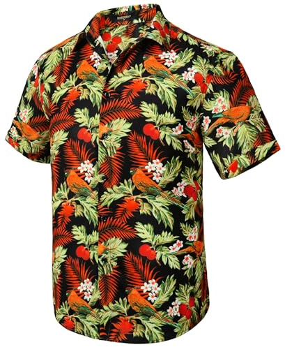 HISDERN Camisa Hawaiana para Hombre Manga Corta Verano Funky Aloha Hawaii Camisas Casual Floral Camisa de Playa Shirts Verde/Naranja XXL