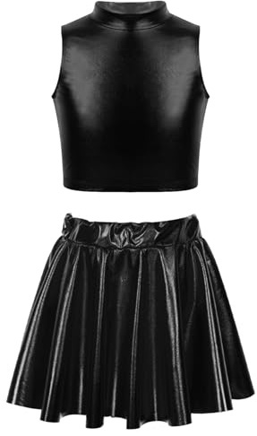 Freebily Flicka Konstnärlig Träningsoverall 2 Stycken Crop Top Dans Klassisk Modern Jazz Hip Hop Metallisk + Irreguljär Hem Sport Träningskjol Yoga Löpning, Svart C, 13-14 anni