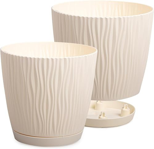 PECZEKO Set di 2 vasi decorativi per fiori ed erbe aromatiche, resistenti e leggeri, rotondi, in plastica, per soggiorno e sala da pranzo, cucina, terrazza, balcone, color crema, diametro 24 cm