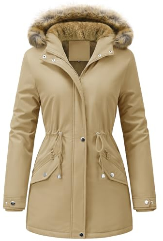 UMIPUBO Cappotto Giubbotto Donna Invernale Parka Giacca Caldo Cappotti Imbottita con Cappuccio Rimovibile Antivento Media Lugghezza Impermeabile Giubbino in pile Outdoor (Cachi, L)