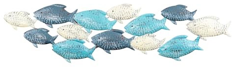 Wandskulptur Fische L74cm Wandbild Blau Grau Creme Maritim Wanddeko Metalldeko Fischschwarm Metall Deko Industrial Wandkunst Design